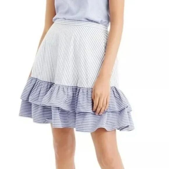 J. Crew White & Chambray Blue Striped Lined Cocktail Ruffle Skirt - Picture 1 of 7